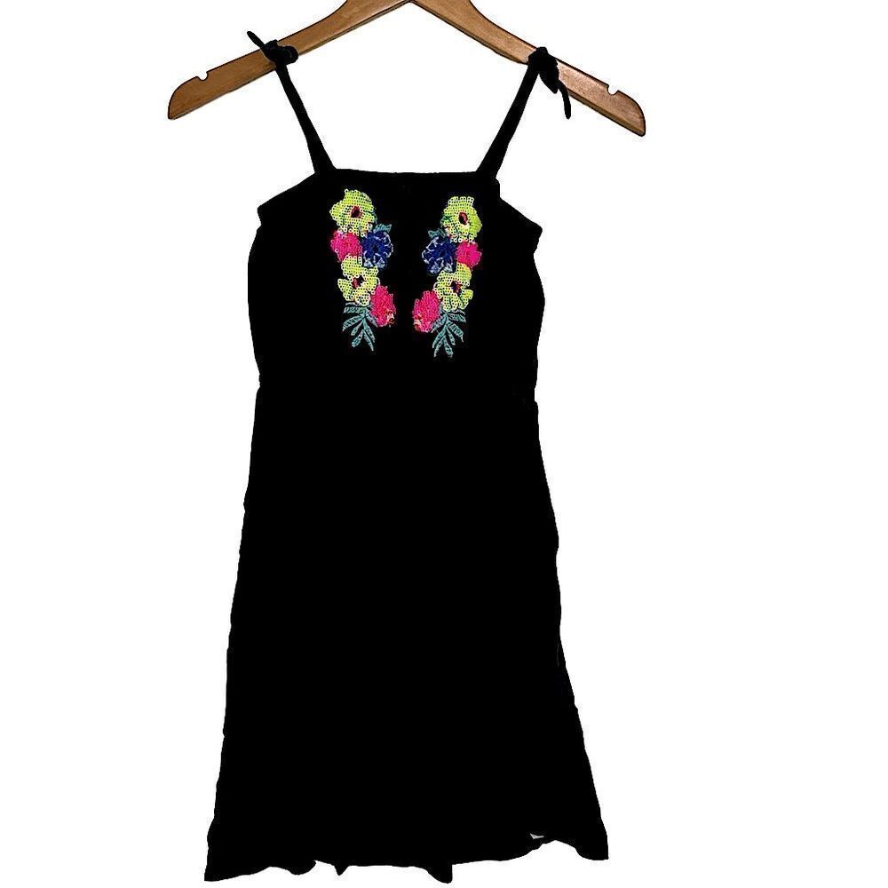 Justice Black Gauzy Romper Dress Girls 10 Neon Flower Embellishment on Top